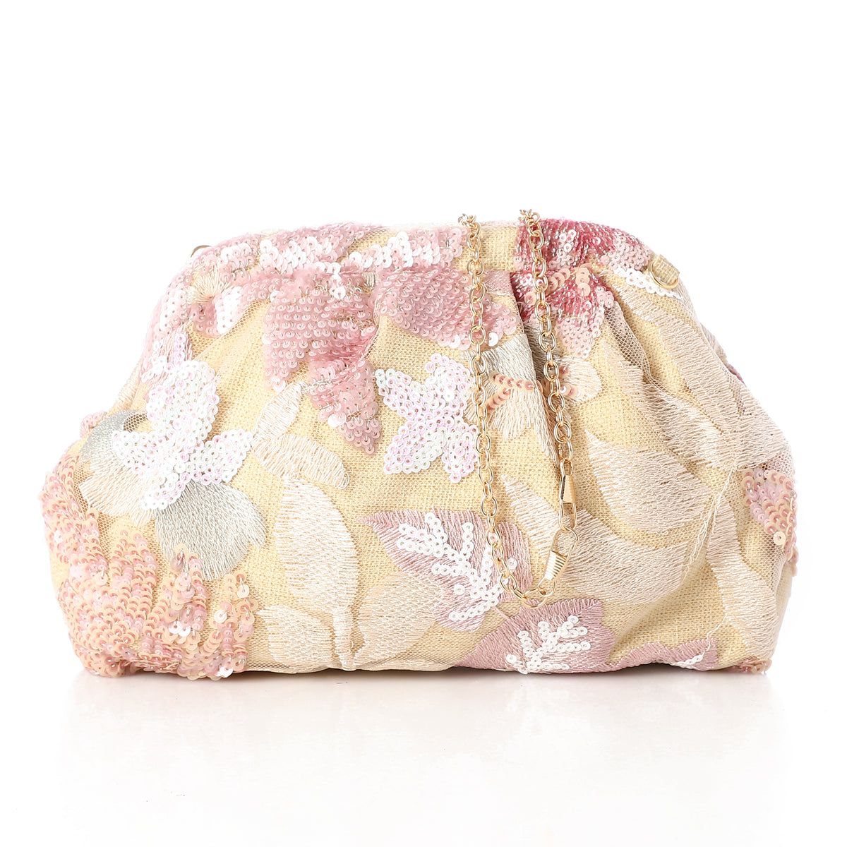 Floral Sequin Embroidered Evening Clutch Pink