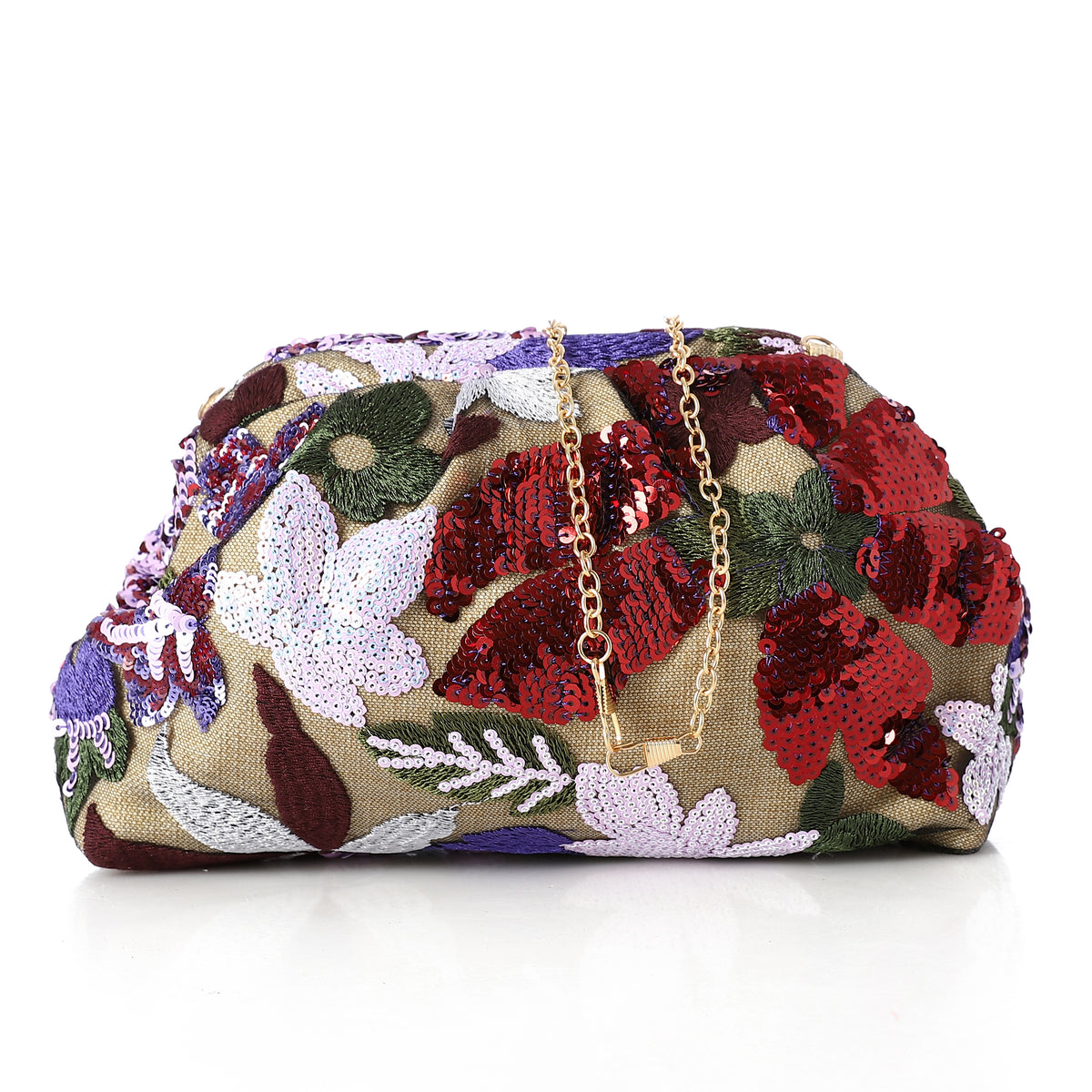 Floral Sequin Embroidered Evening Clutch Green