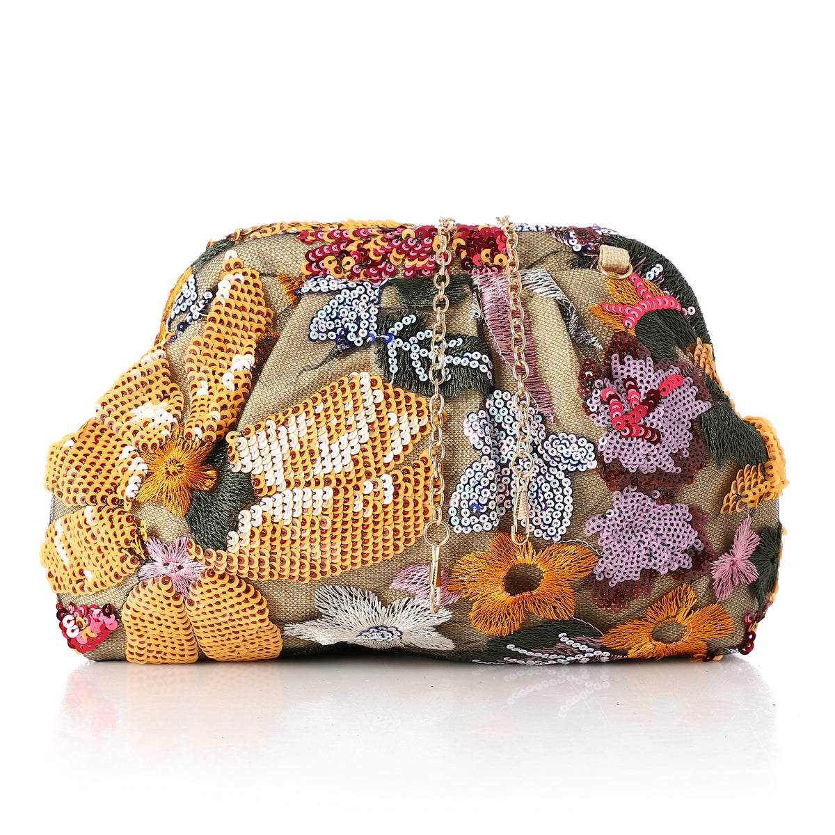 Floral Sequin Embroidered Evening Clutch Orange
