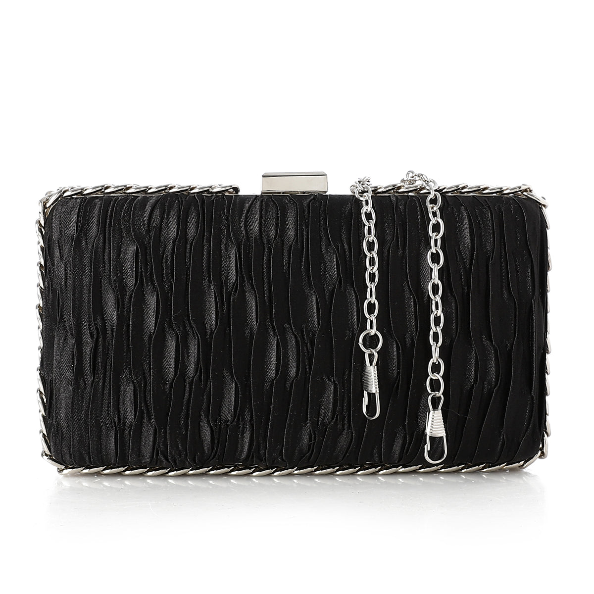 Ruched Chain-Trim Hard-Case Evening Clutch Black