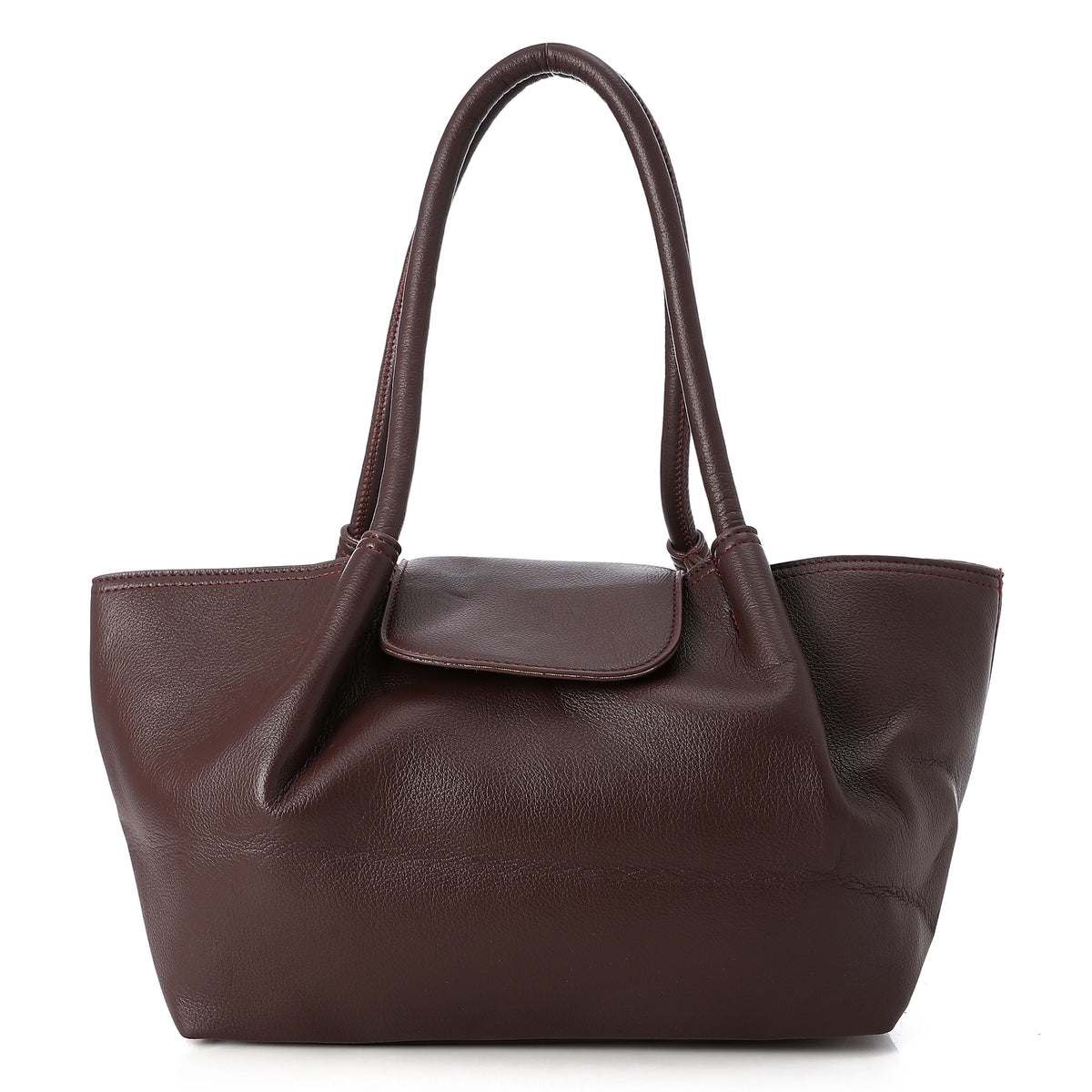 Soft Leather Flap-Detail Shoulder Tote Bag Burgandy