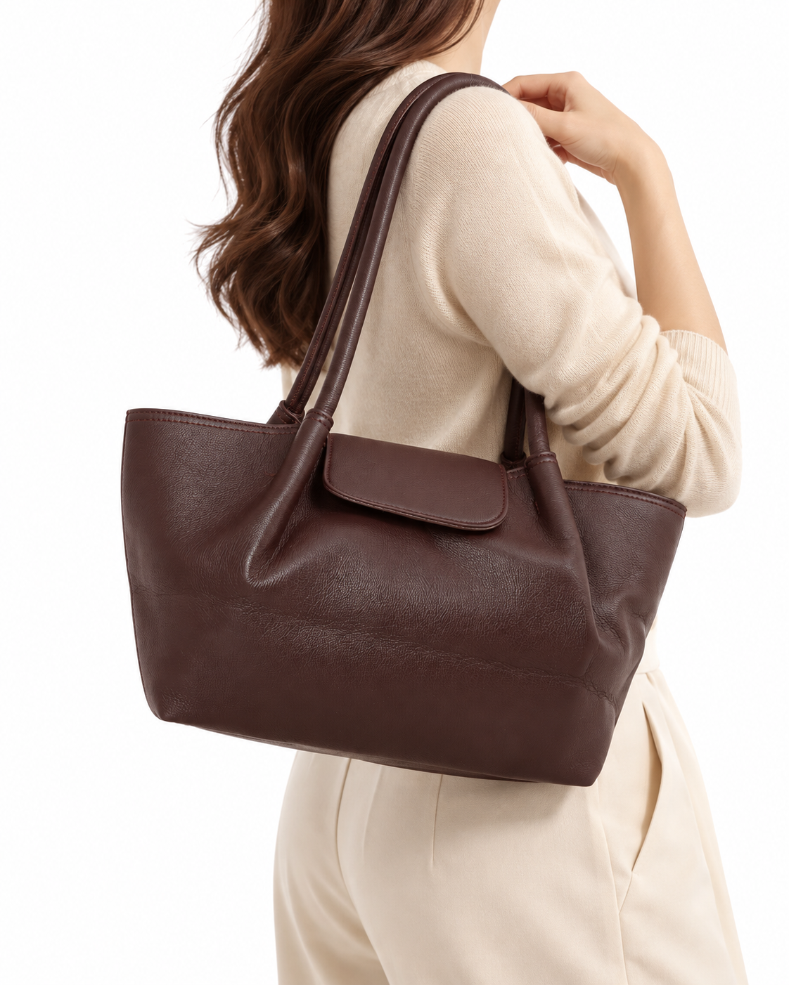 Soft Leather Flap-Detail Shoulder Tote Bag Burgandy