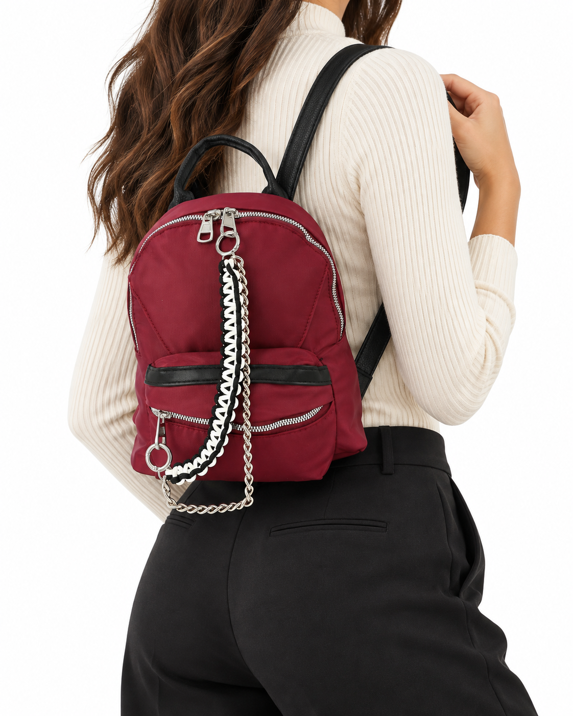 Nylon Chain-Accented Casual Backpack Dark Red