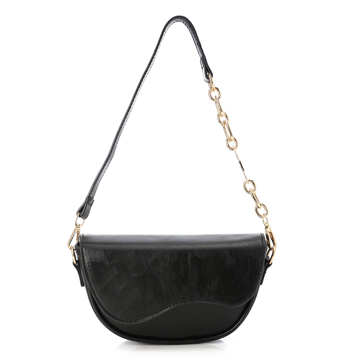 Curved Flap Chain-Accented Shoulder Bag Black