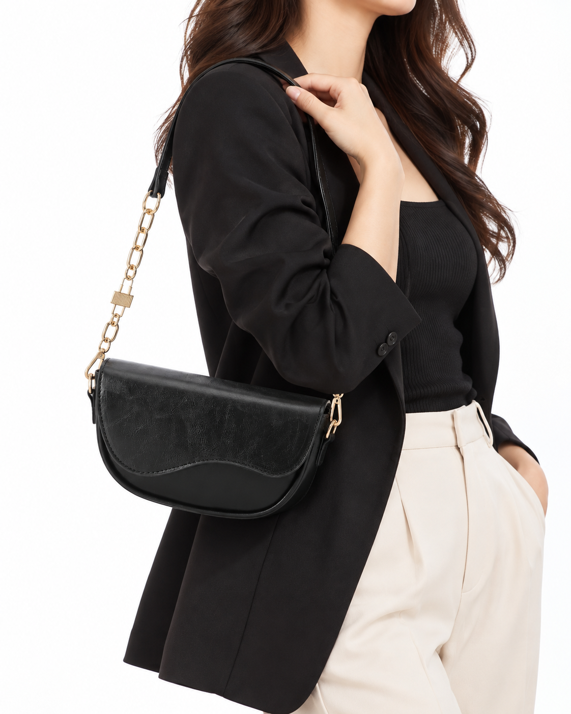 Curved Flap Chain-Accented Shoulder Bag Black