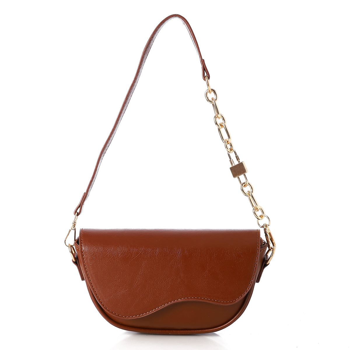 Curved Flap Chain-Accented Shoulder Bag Brown