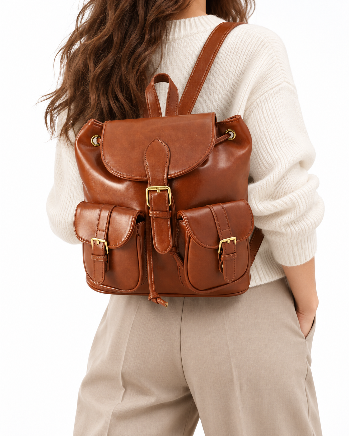 Buckled Multi-Pocket Leather Backpack Camel
