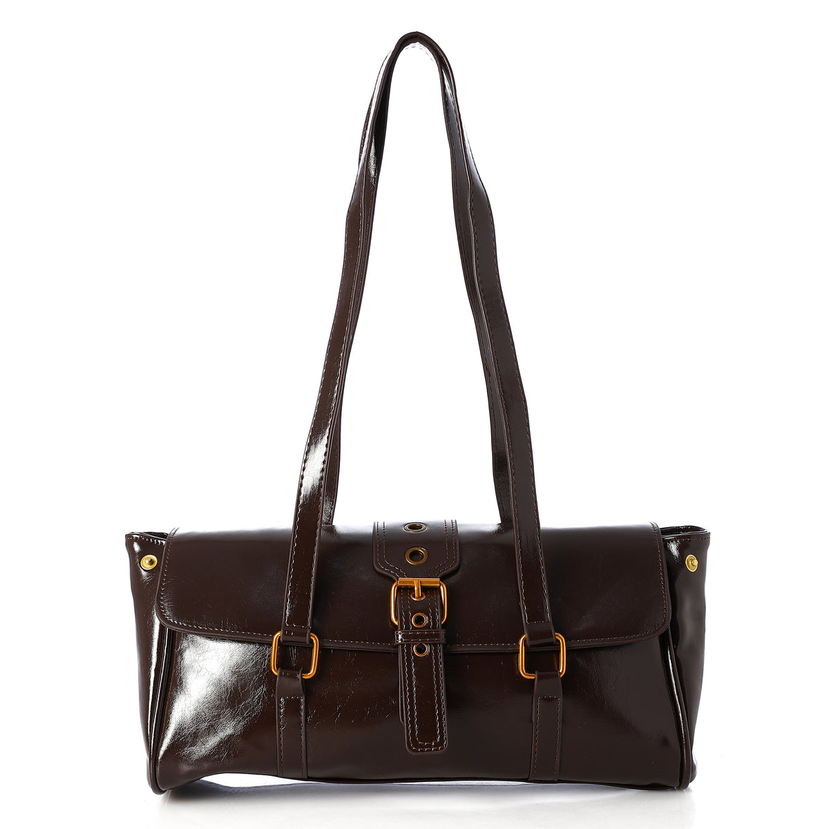 Buckle-Accent East-West Leather Shoulder Bag Brown