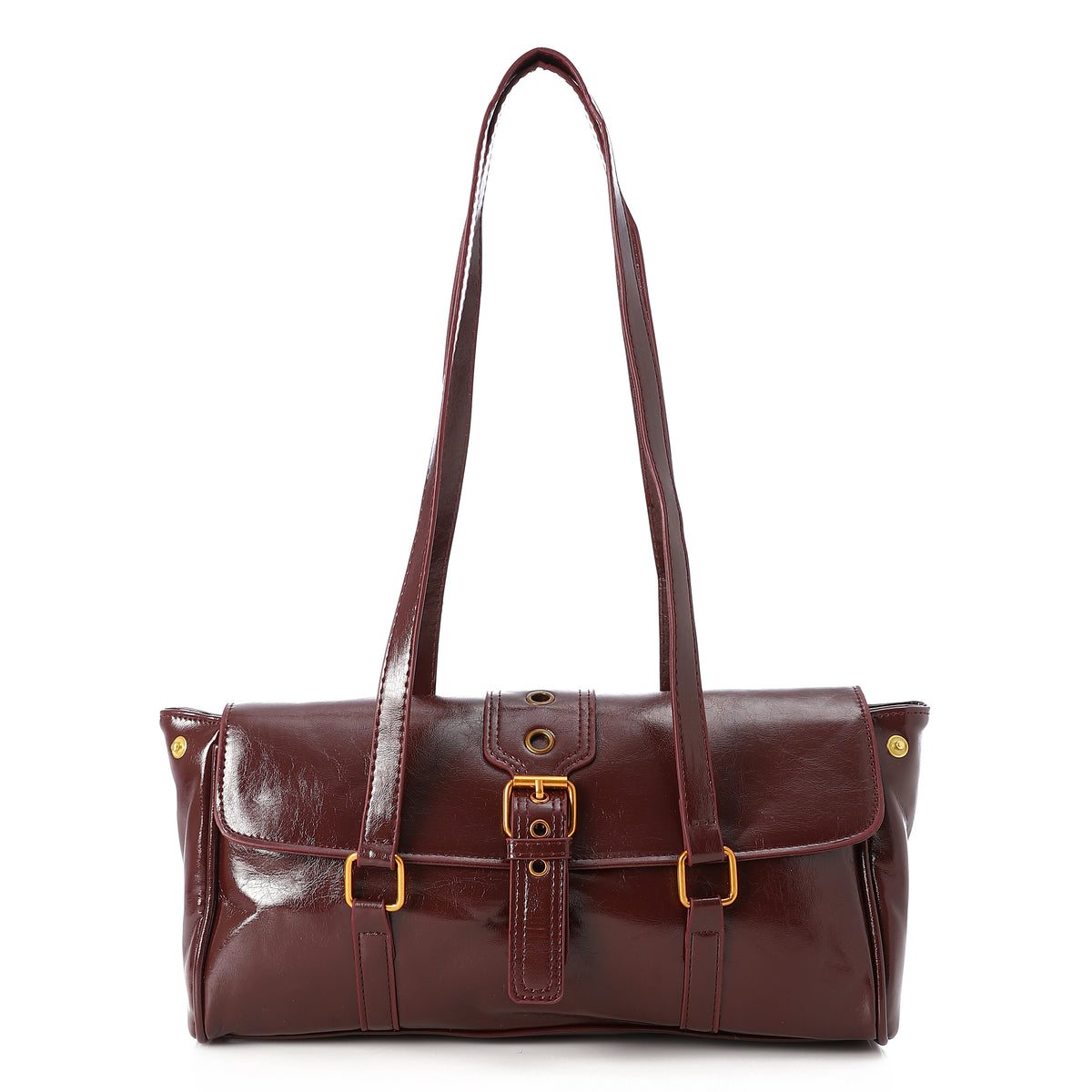 Buckle-Accent East-West Leather Shoulder Dark Red