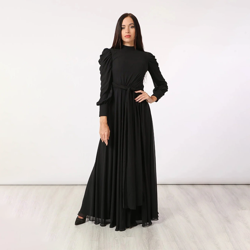 Pleated Maxi Dress with Belt - Black