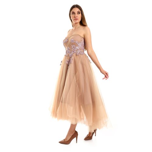 Strapless Floral Tulle Midi Dress - Beige