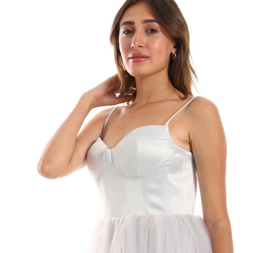 Bustier Tulle Midi Dress - White