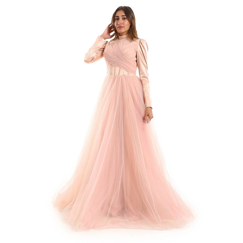 Long Sleeve Tulle Evening Gown - Blush Pink