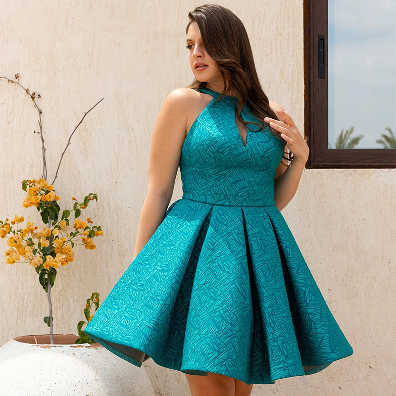 Self-Patterned Halter Soiree Dress - Turquoise
