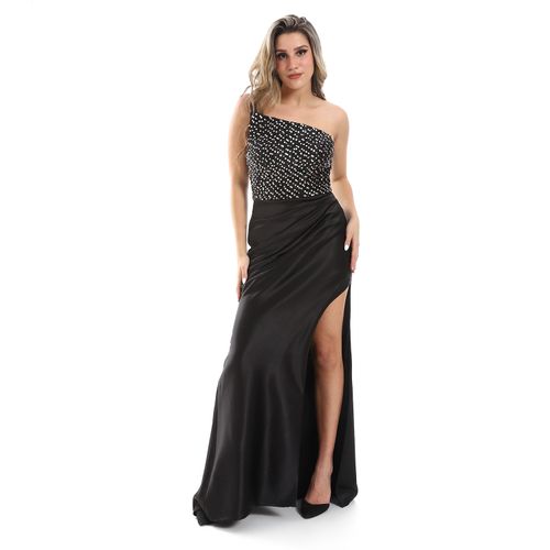 One-Shoulder Embellished Soiree Dress - Black