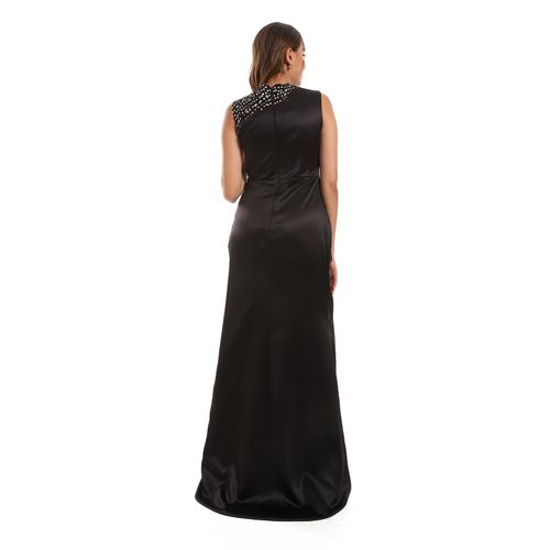 Beaded Satin Long Soiree Dress - Black