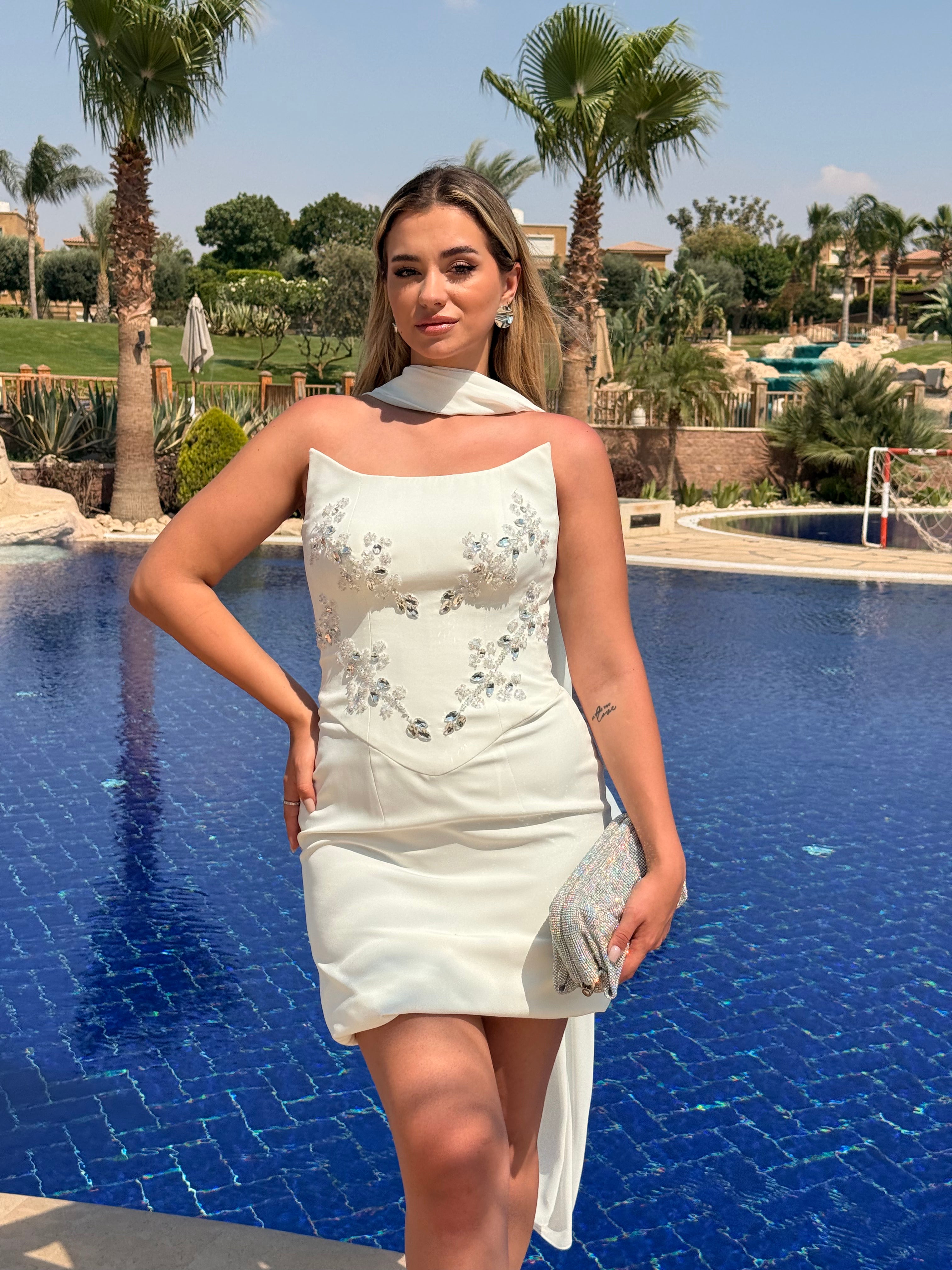 Luxury White Mini Evening Dress with Crystal Embellishments