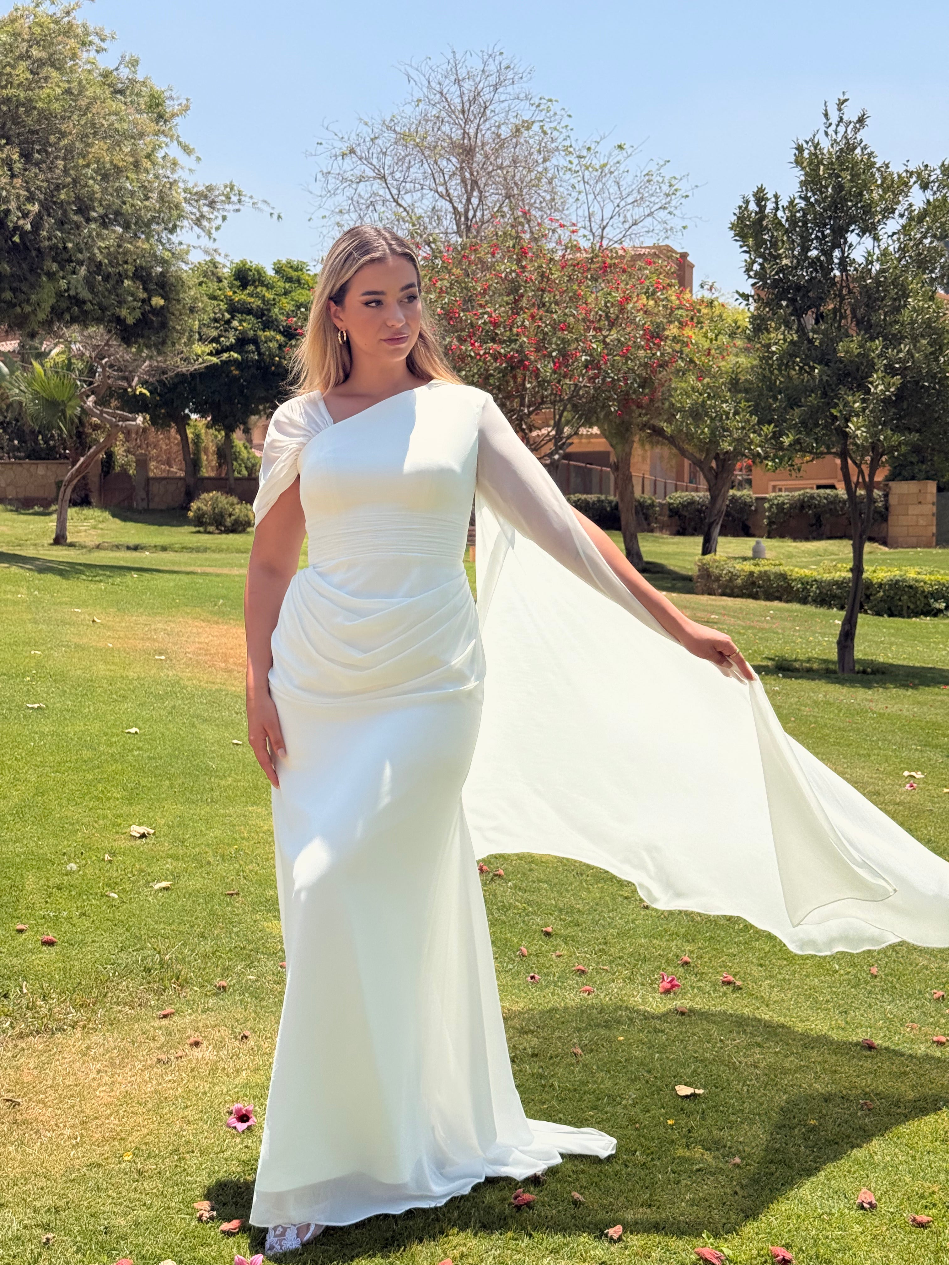 Luxury One-Shoulder White Evening Gown with Cape