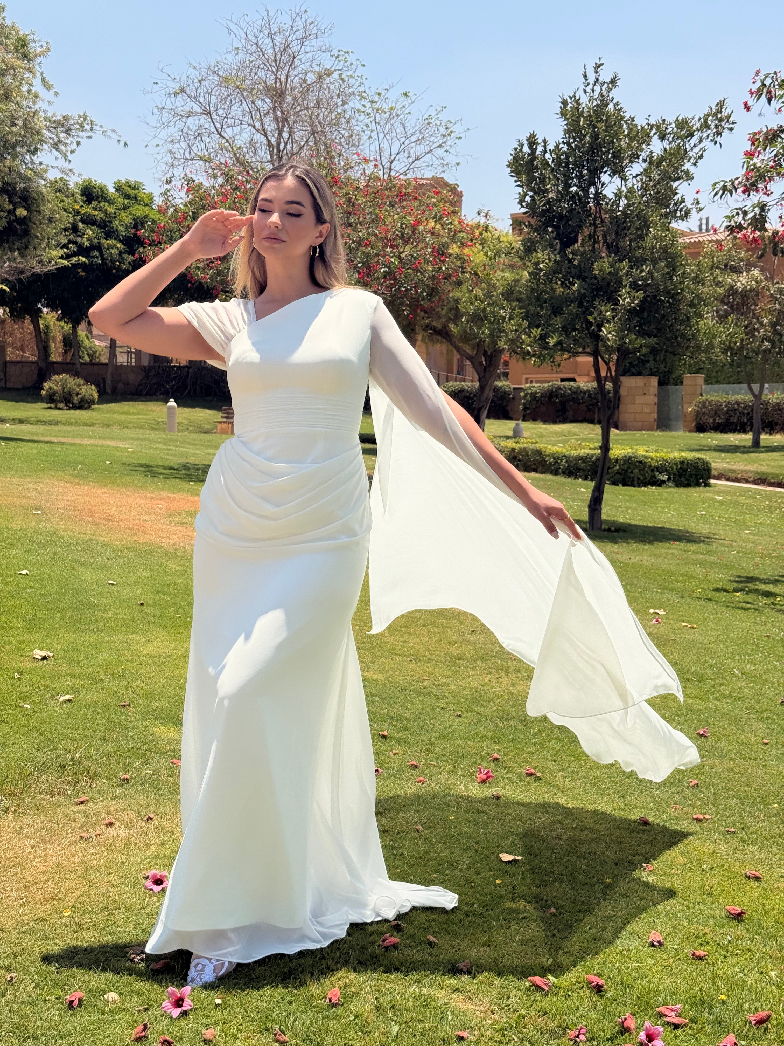 Luxury One-Shoulder White Evening Gown with Cape