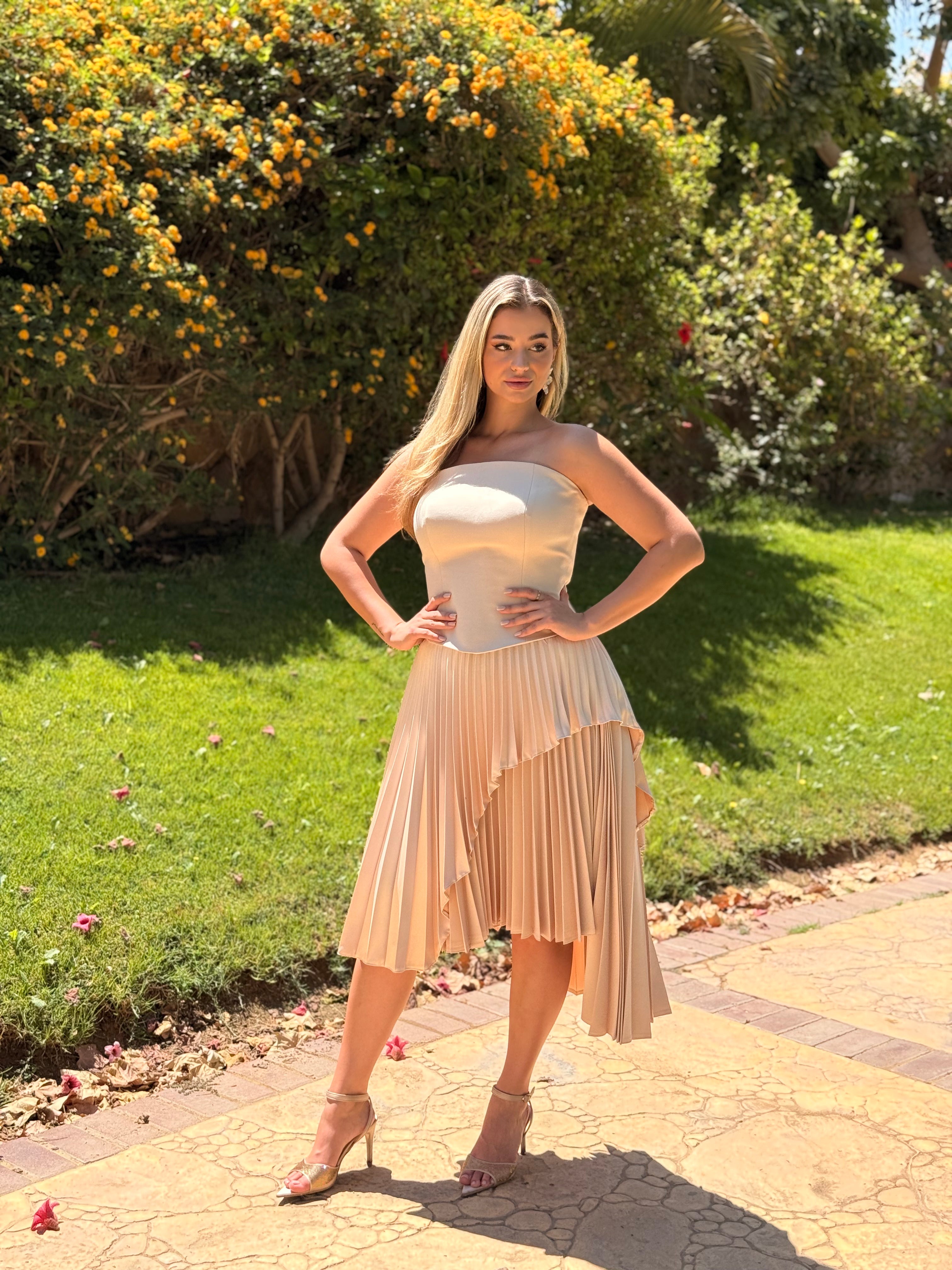 Chic Strapless Nude Cocktail Dress with Asymmetric Pleated Skirt