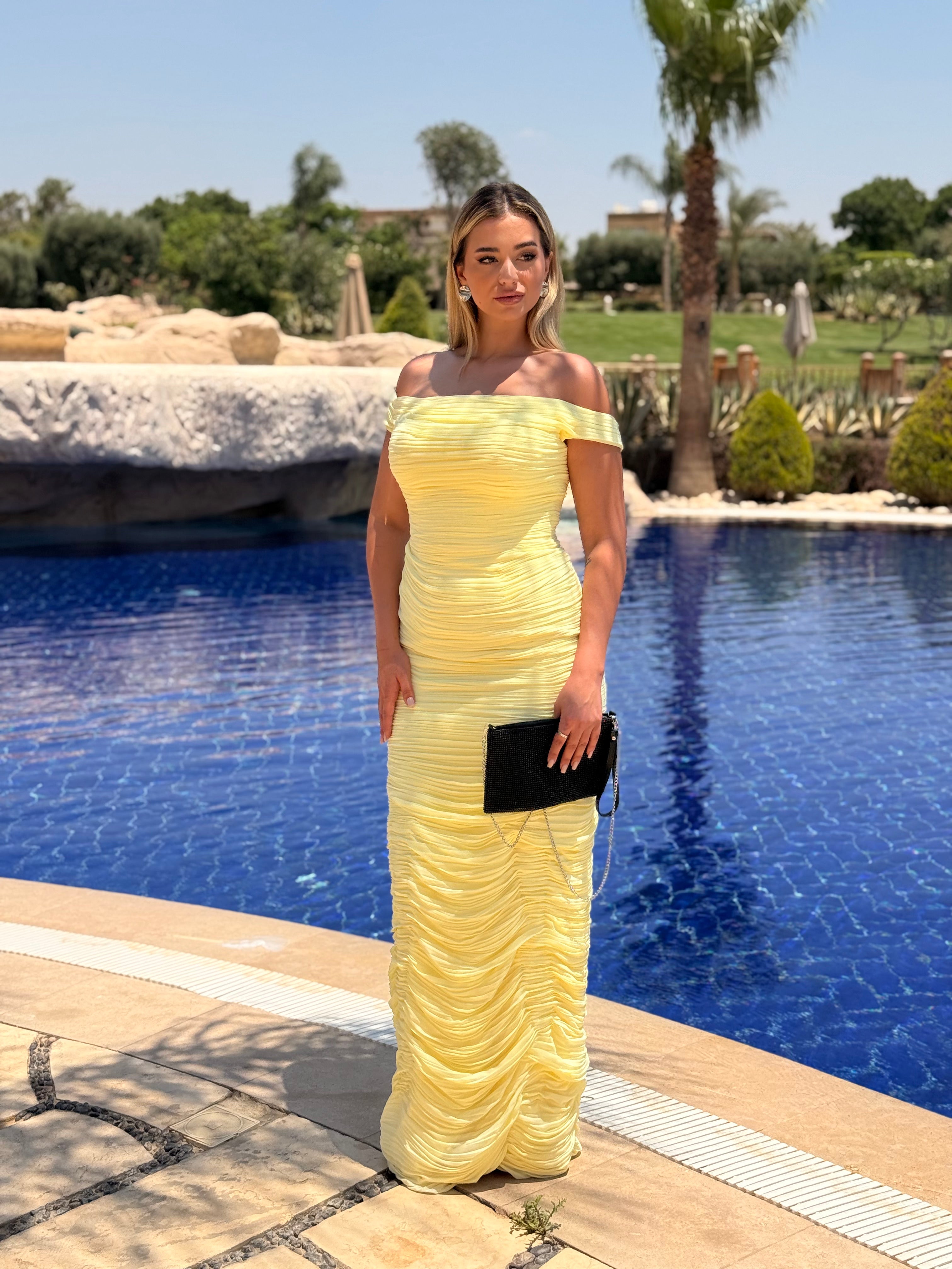 Elegant Yellow Off-the-Shoulder Ruched Evening Gown