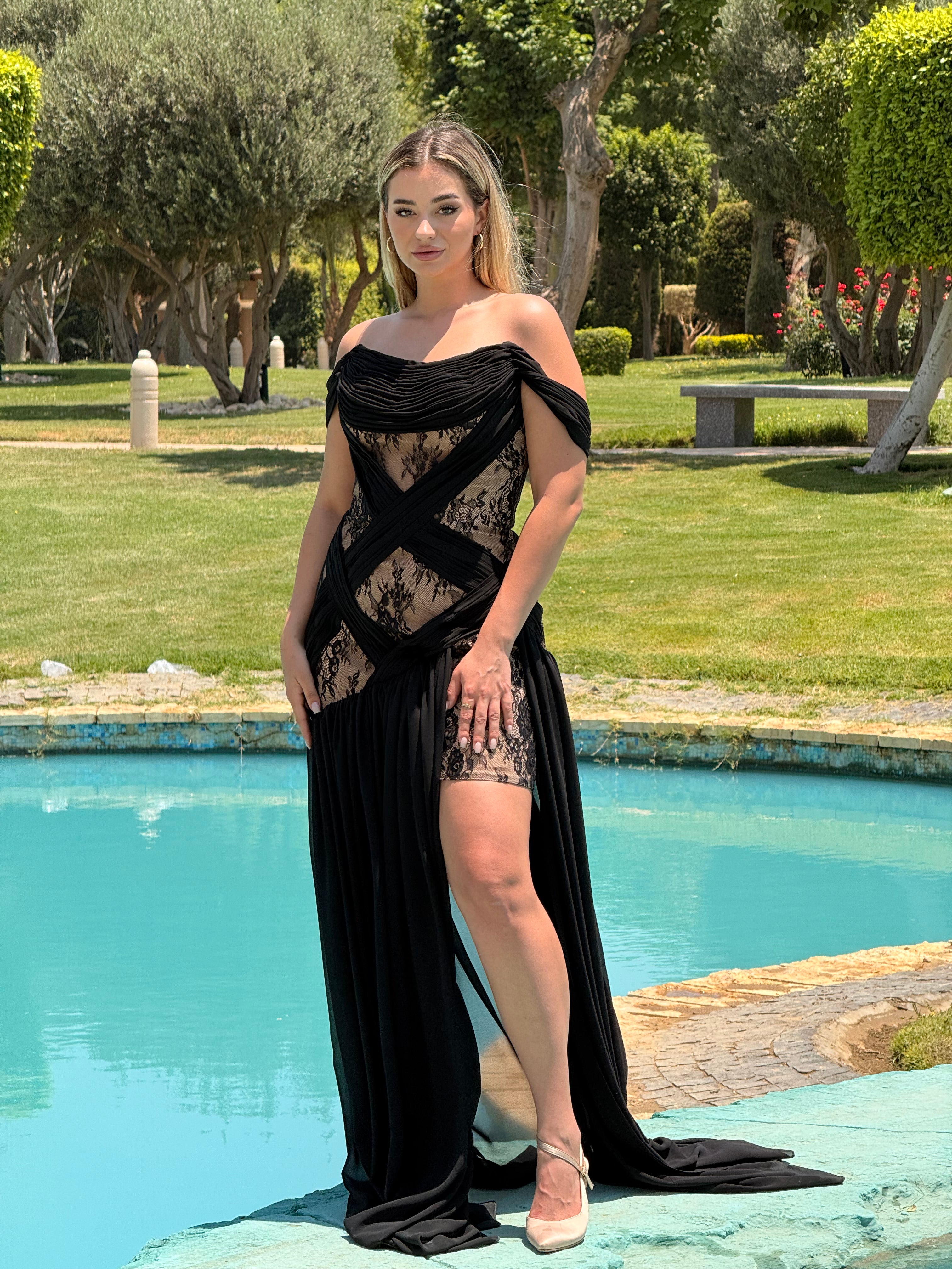 Luxury Off-the-Shoulder Black Lace Evening Gown with Train
