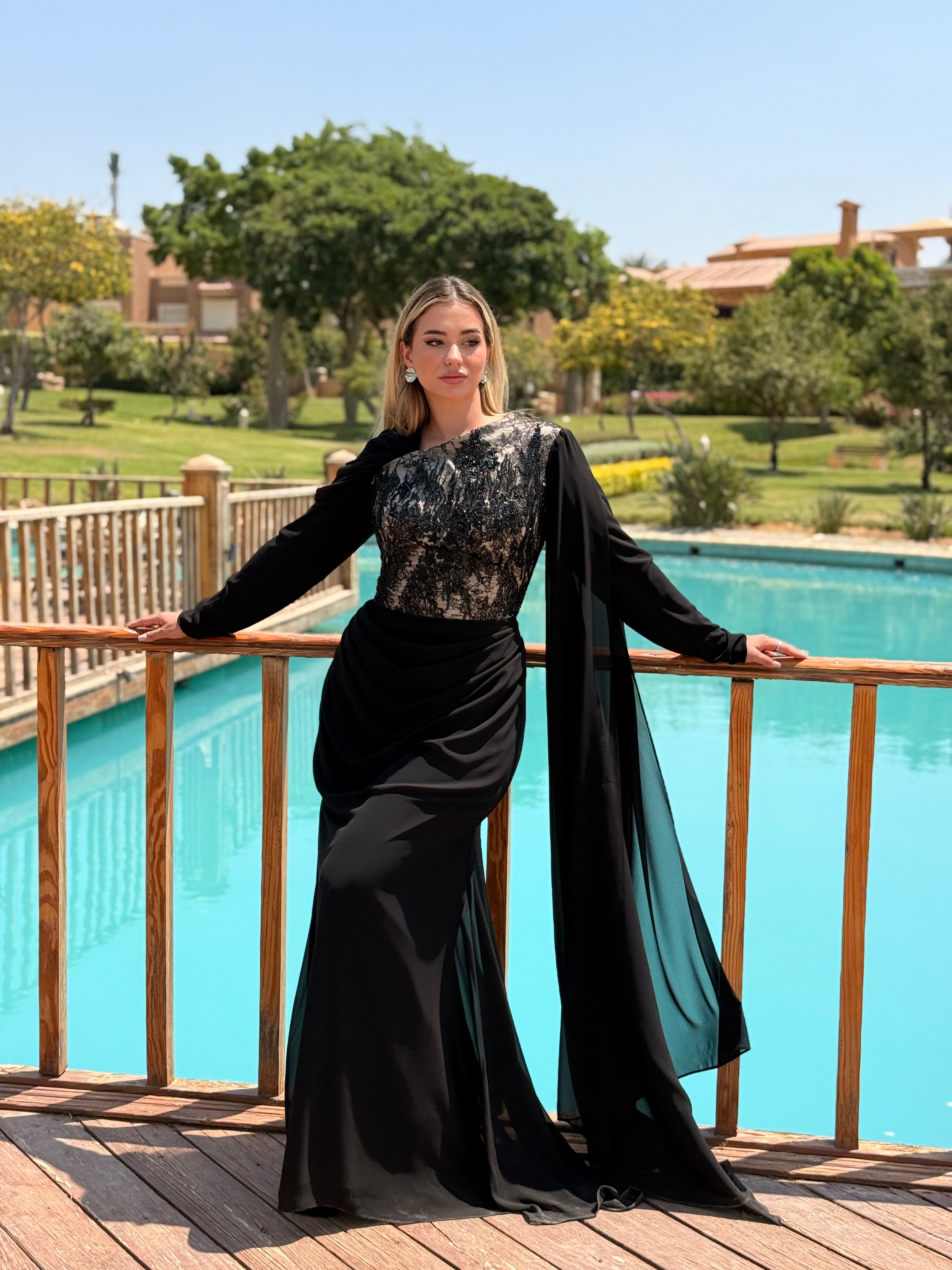 Luxury Black Long Sleeve Evening Gown with Beaded Bodice