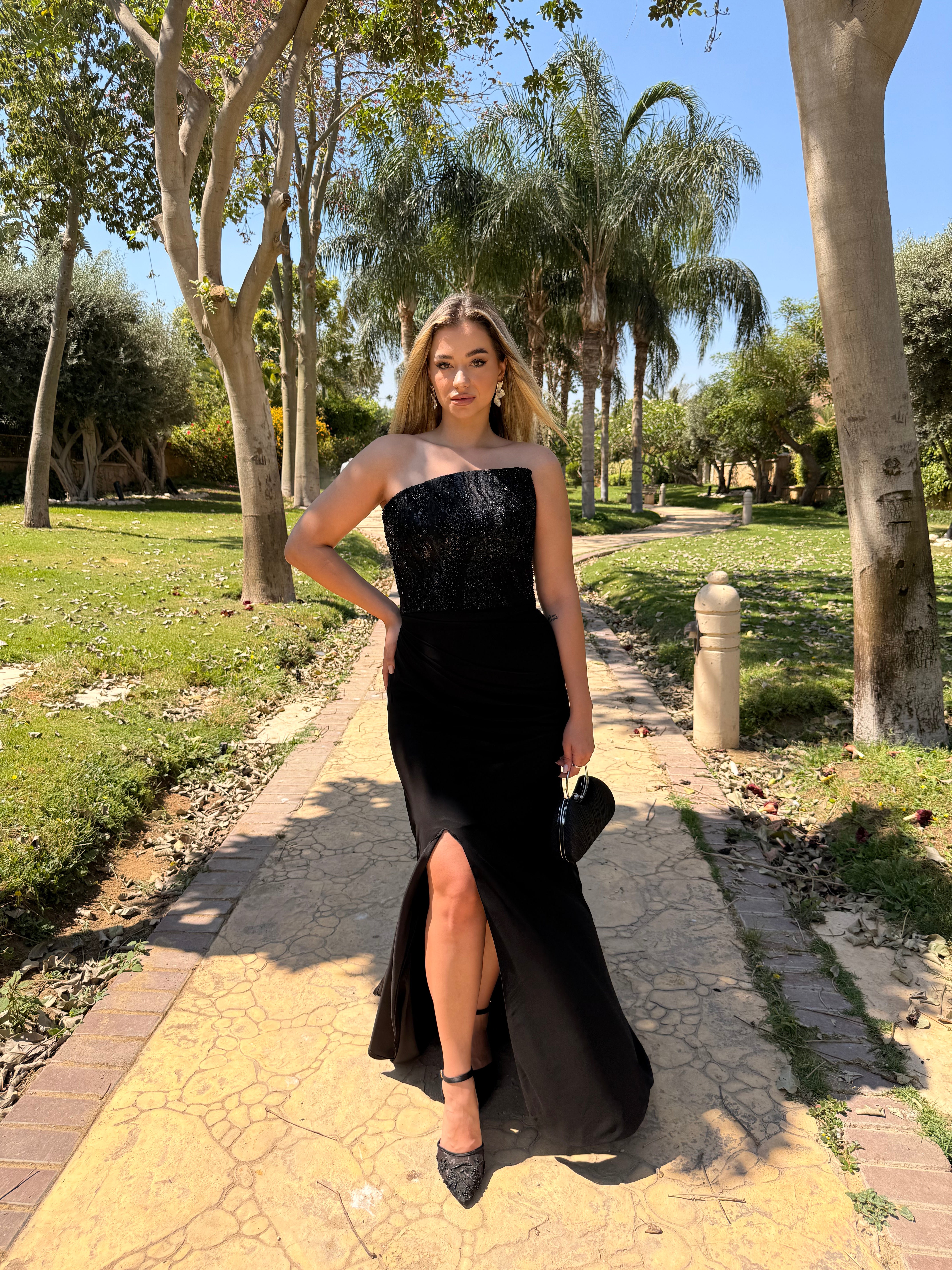 Black Strapless Evening Gown with Beaded Bodice & High Slit