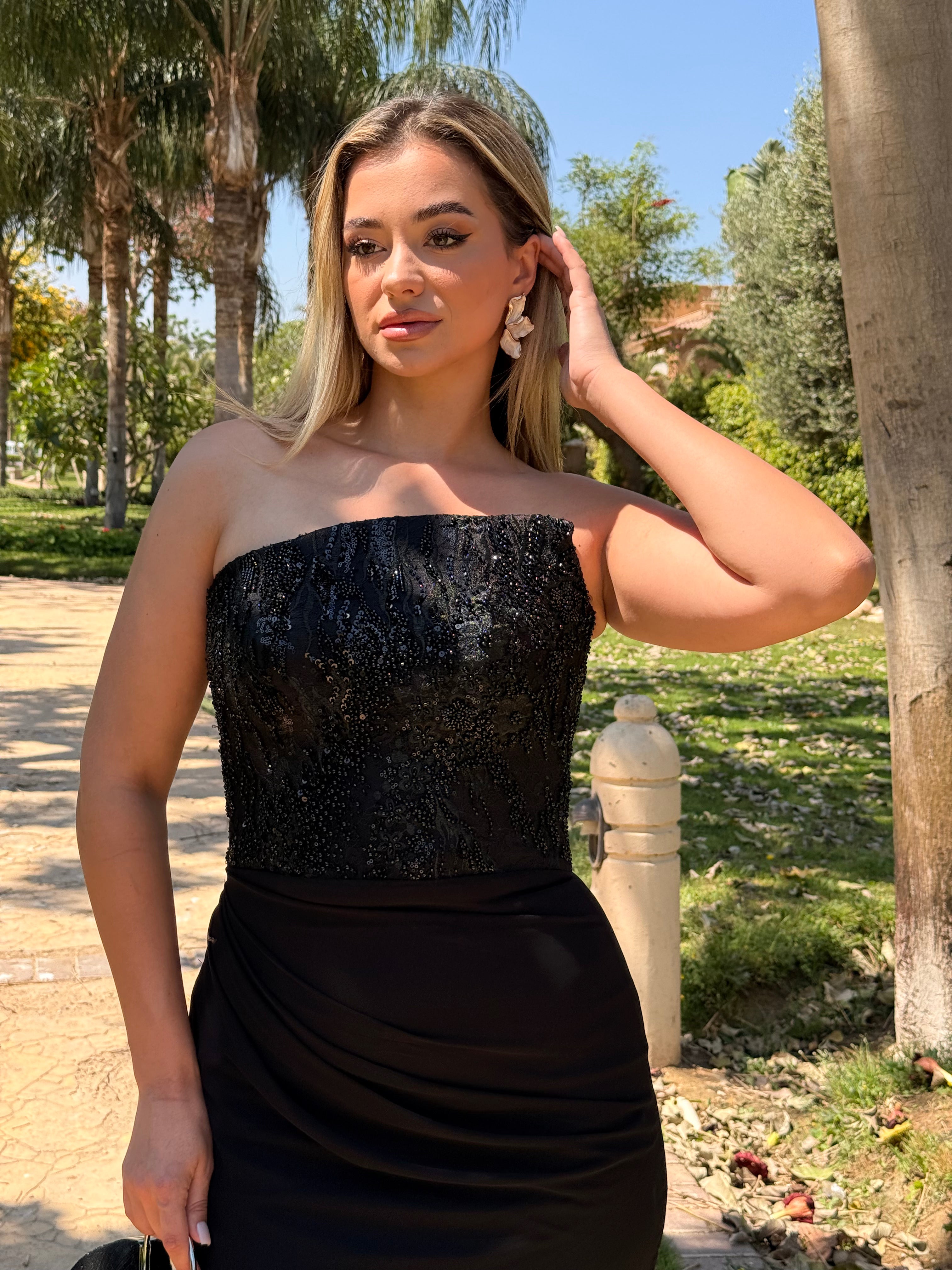 Black Strapless Evening Gown with Beaded Bodice & High Slit