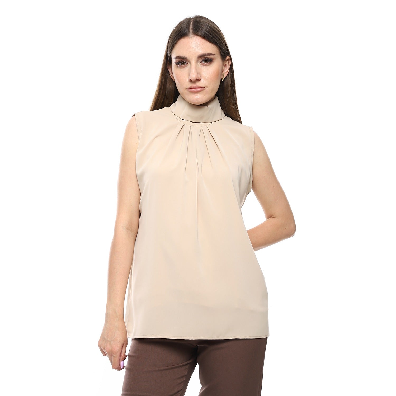 Sleeveless Turtle-Neck Top – Beige