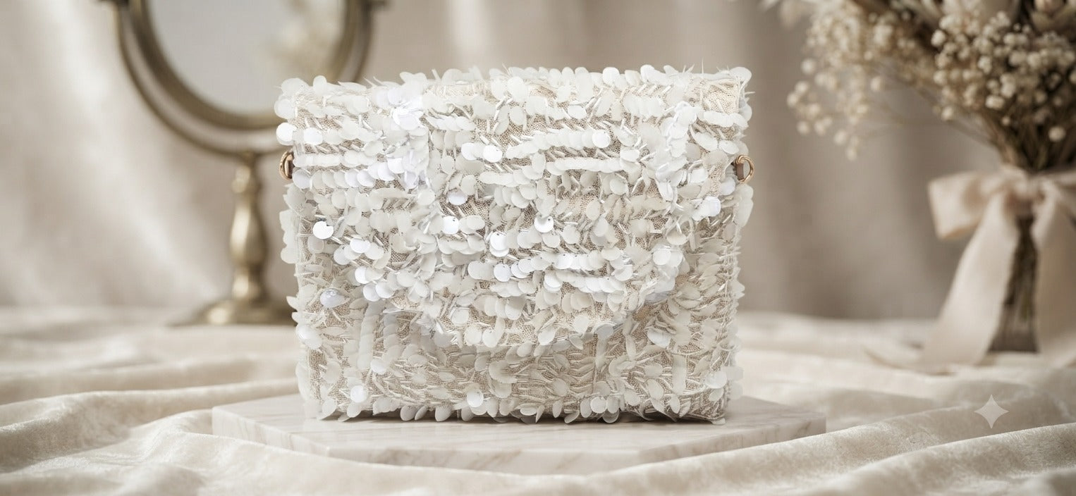 Floral Embellished Clutch Bag White