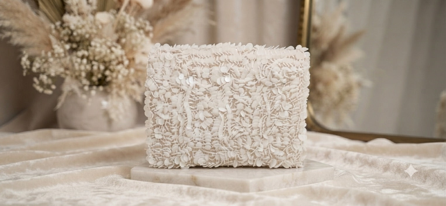 Floral Embellished Clutch Bag White