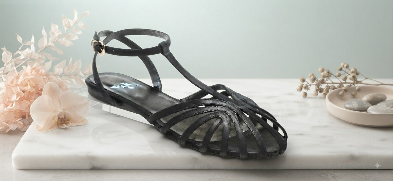 Strappy Flat Sandals with Ankle Buckle Black