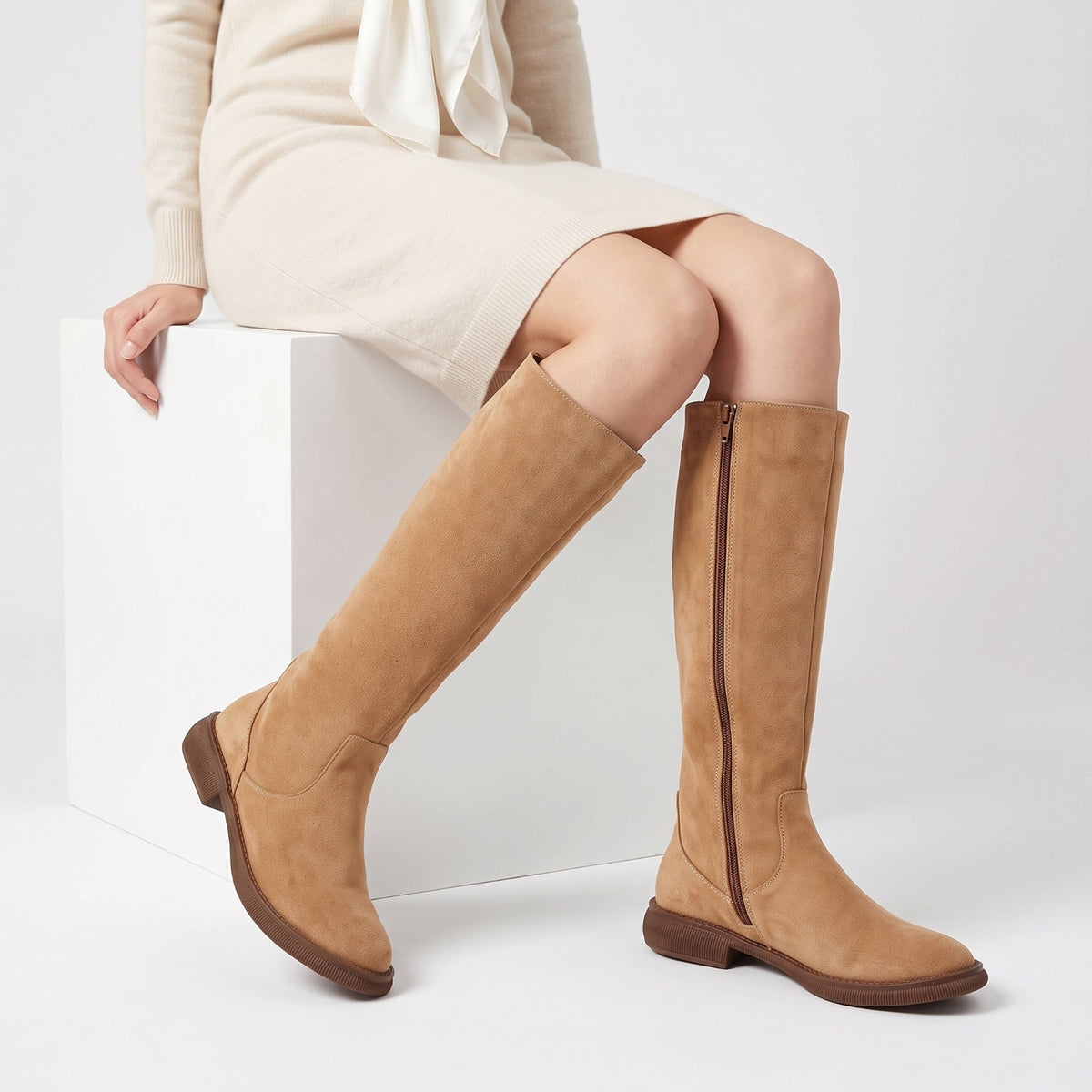 Expandable Wide Calf Suede Knee High Boots CafΓ© Big Sizes