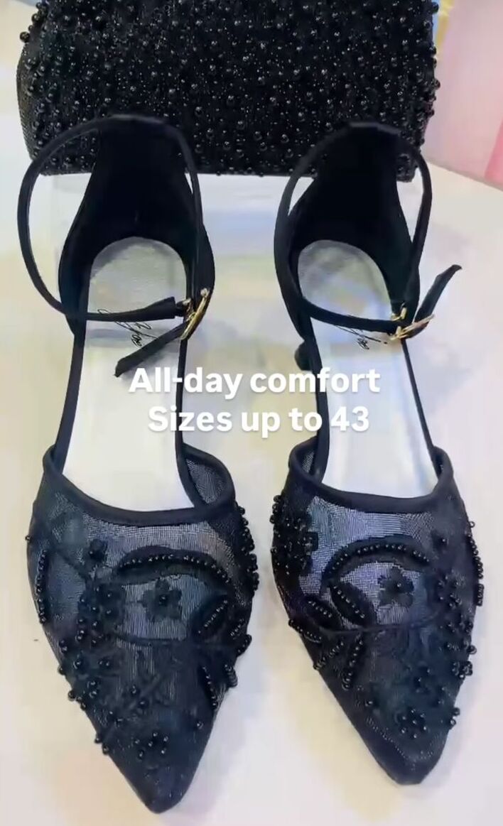 Elegant Black Lace Kitten Heels with Floral Pearl Embroidery