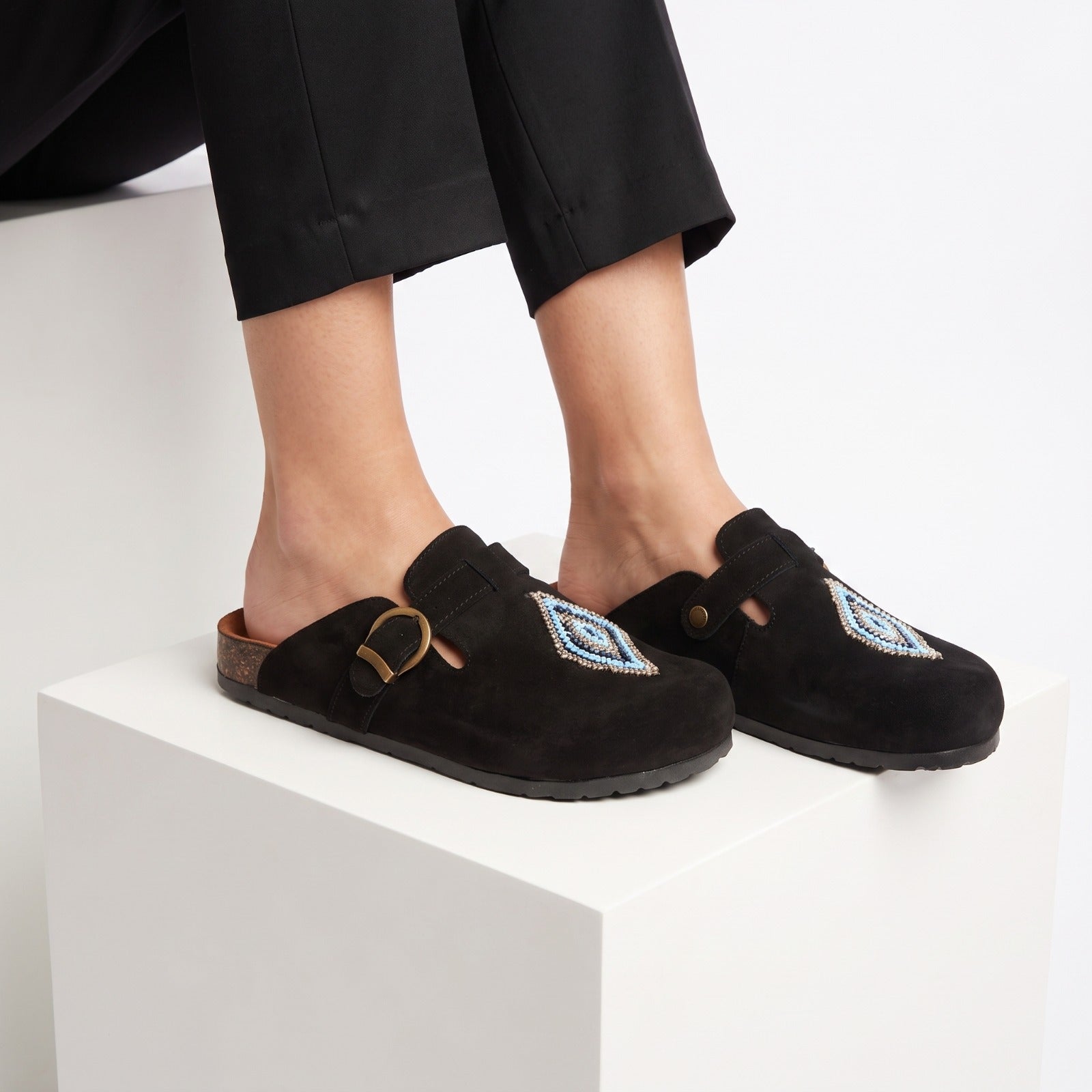 Boho Evil Eye Slip-On Mules Black