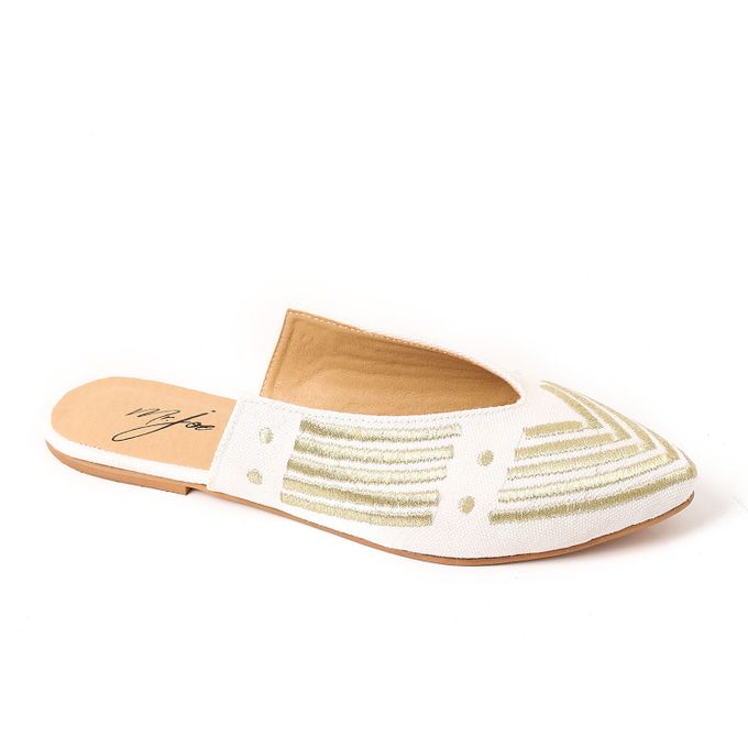 Striped Embroidered Slip-On Mules ƒ?? White & Gold