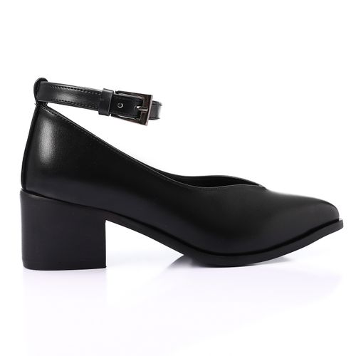 Pointed Toecap Buckle Closure Mid-Heel Pumps - Black