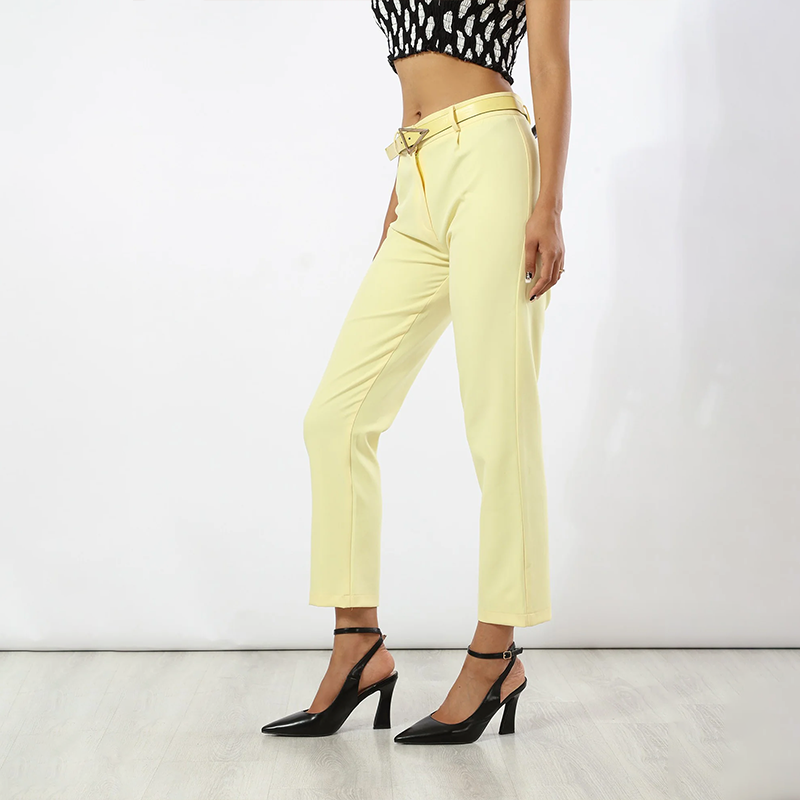 Chic Slim-Fit Pants with Belt ƒ?? Butter Yellow