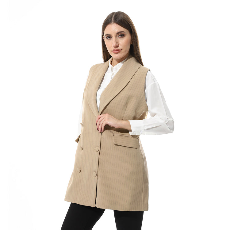 Tailored Long Vest with Pinstripes – Beige