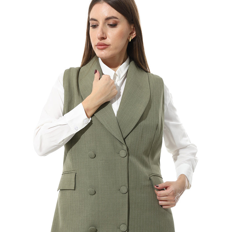 Tailored Long Vest with Pinstripes ƒ?? Olive Green