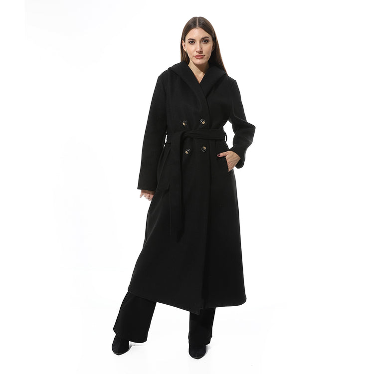 Classic Double-Breasted Long Coat with Belt –  Black