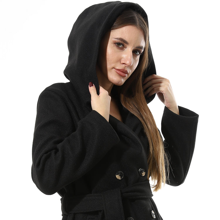 Classic Double-Breasted Long Coat with Belt –  Black