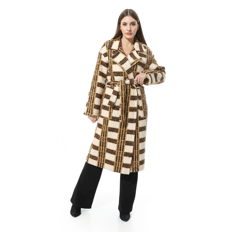 Checked Wool-Blend Belted Coat ƒ?? Cream & Brown Plaid