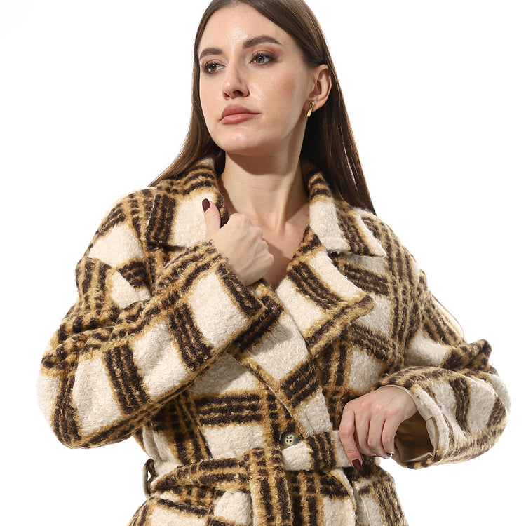 Checked Wool-Blend Belted Coat ƒ?? Cream & Brown Plaid