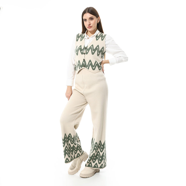 Knitted Zigzag Two-Piece Set ƒ?? Cream & Green