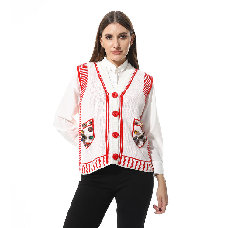 Embellished Knitted Vest with Striped Edges ƒ?? White & Red