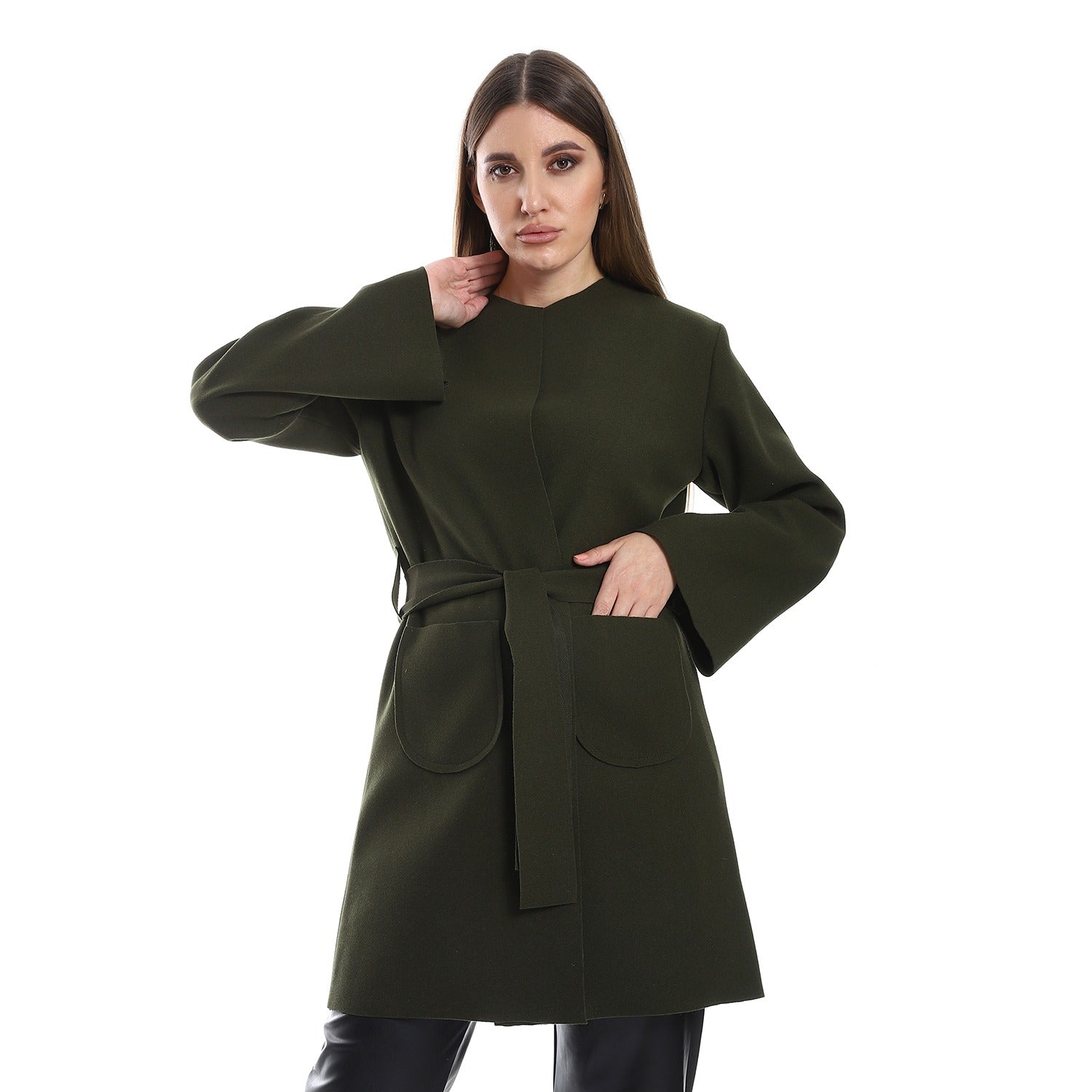 Minimal Belted Coat – Olive Green