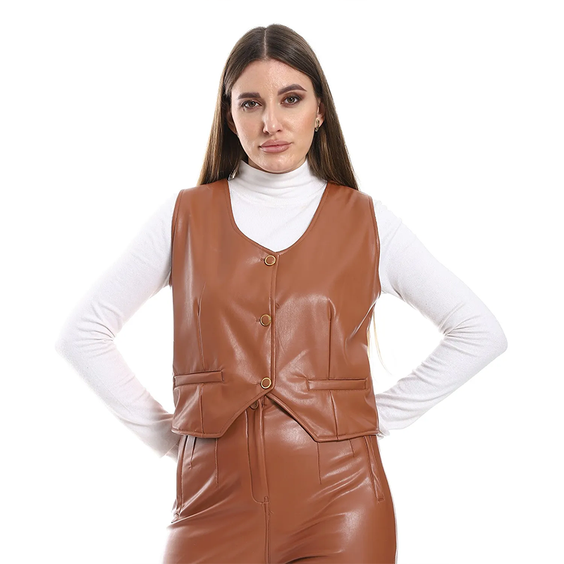 Buttoned Leather Vest ƒ?? Camel Brown