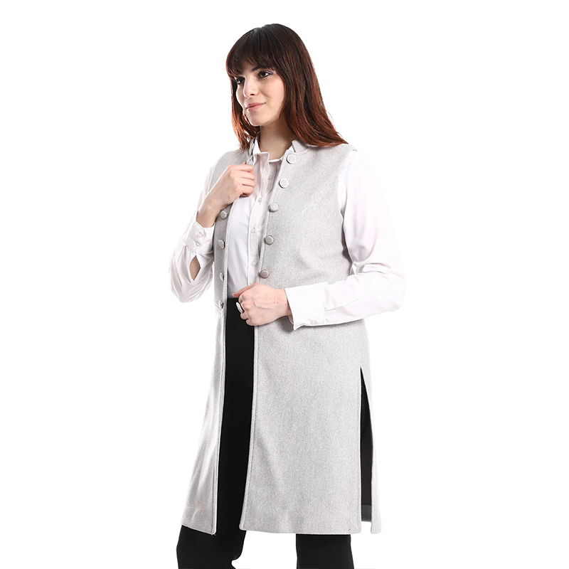 Wool-Blend Longline Vest with Stitched Buttons – Light Grey
